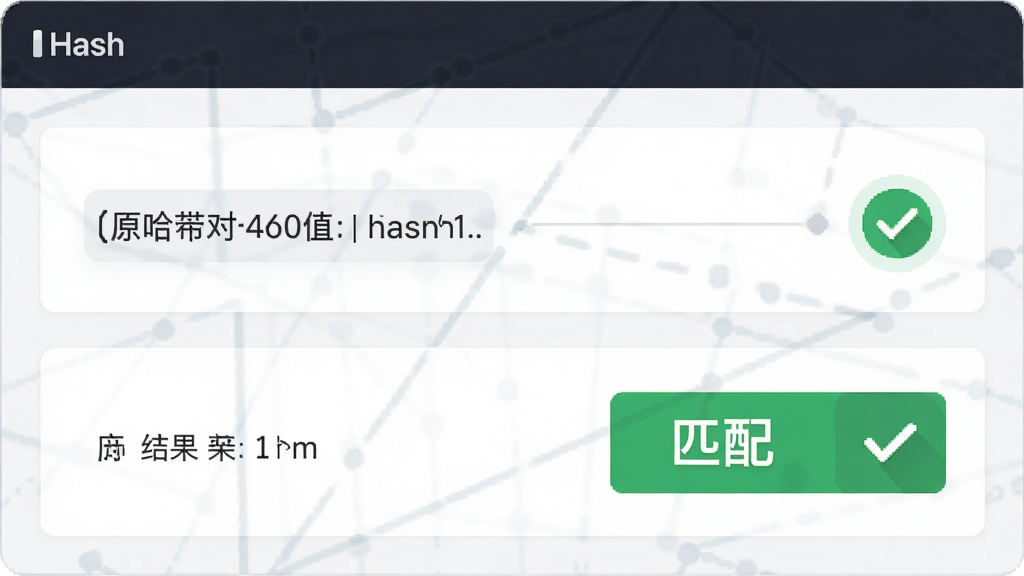 主体:Hash软件比对界面,上方原哈希值,下方比对结果,显示绿色“匹配”字样,界面清晰,布局合理,现代极简风格,细节有对勾图标,画质高清,无多余元素,带有“Hash”字样