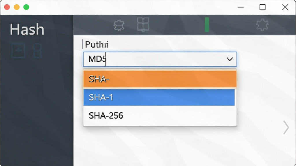 主体:Hash软件运行界面,显示多种算法下拉菜单,包含MD5、SHA-1、SHA-256选项,界面干净整洁,布局整齐,现代感设计,细节有选中高亮效果,画质清晰,无多余元素,带有“Hash”字样