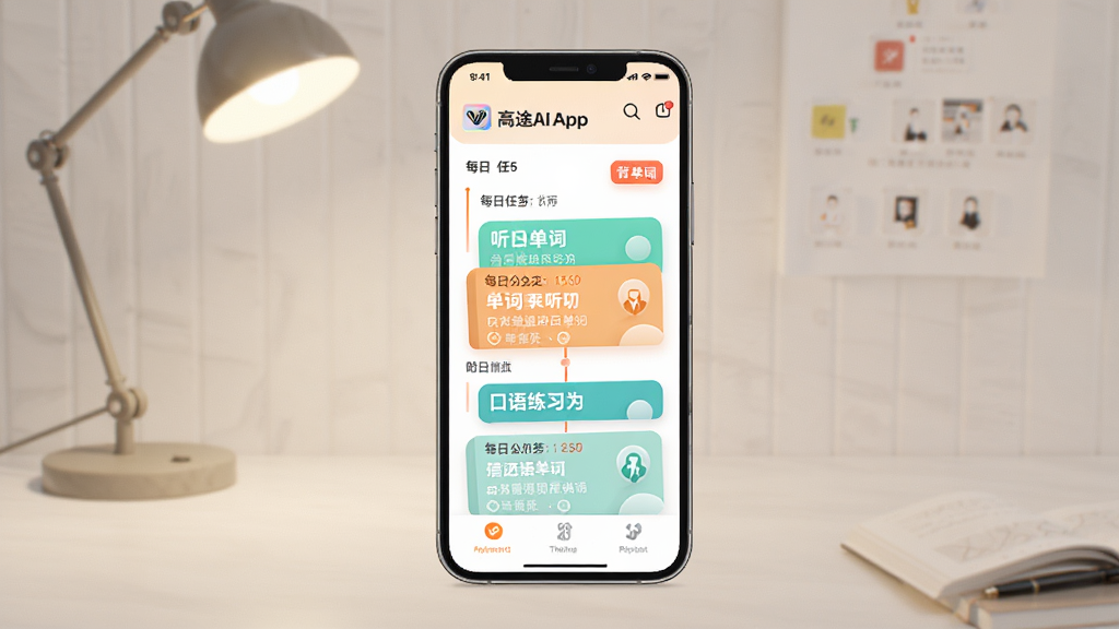 ��;AIӢ��App��ѧϰ�ƻ�ҳ�棬��ʱ������ʽչʾÿ�����񣬰��������ʡ������Ϳ�����ϰ��Ƭ������Ϊ��Լ������̨�ƣ��ֻ�����չʾ����������������ɫ�����죬��ҵ��Ʒ��Ⱦ��񣬸��廭�ʣ�������Ԫ��