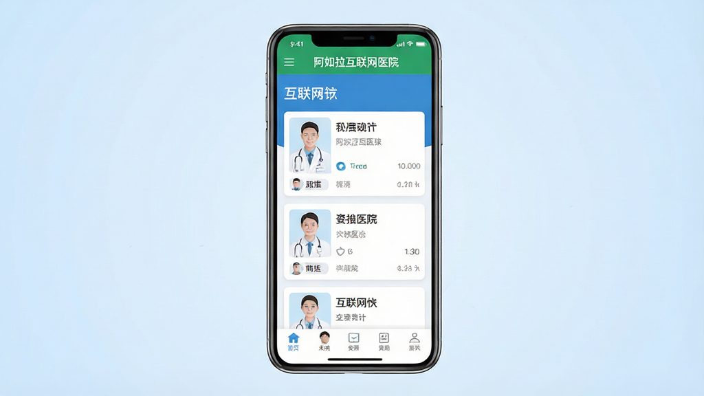 һ��չʾ�����ֻ���Ļ��ͼƬ����Ļ��������ʾ��������������ҽԺ��App�����棬�������������ɫ���������в�ҽ���б���Ƭ�Լ��ײ����ܲ˵�ͼ�꣬�������������ɫ������Ϊ��͵�ǳ��ɫ���䣬���ʸɾ��޶���Ԫ�أ�������Ⱦ����ͼ���У���ƽ����Ʒ��