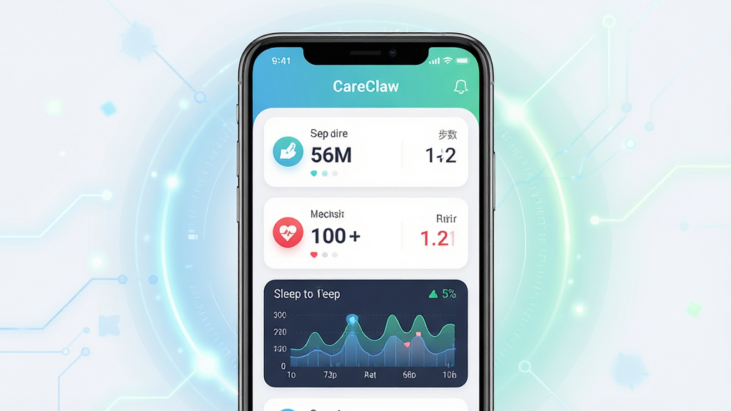 ���壺CareClaw��������չʾ���ֻ���Ļ��ʾ����������壬�������������ʺ�˯��ͼ�������֣��ֻ����У�������������Χ����͵ĿƼ��й�Ч���Ű棺����Ԫ�����룬ͼ�������ִ������¡�����ִ���ƽ����ƣ�ɫ������������ϸ�ڣ���Ļ����ʾ��CareClaw������������ͼ����ϸ�����ʣ�������Ⱦ���ɾ����޶���Ԫ��