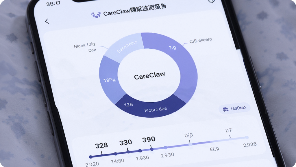 ���壺CareClaw˯�߼�ⱨ��ҳ�棬��ʾ˯������ͼ�������֣�ҳ������Ϊ����ͼ���·�Ϊʱ���ߡ��Ű棺���ݿ��ӻ���������ɫ��͡���񣺾������ʷ������ɫ��Ϊ����ϸ�ڣ�ͼ����ע��ǳ˯�����䣬���С�CareClaw�����������ʣ�ϸ����Ⱦ���ɾ����޶���Ԫ��