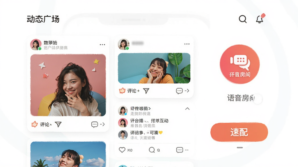 附近咪遇互动功能展示图,展示动态广场界面,包含用户发布的图文卡片和评论区,有语音房间入口图标,还有速配按钮,色彩丰富,界面活泼,扁平化风格,清晰展示功能布局,画质细腻,干净无多余元素