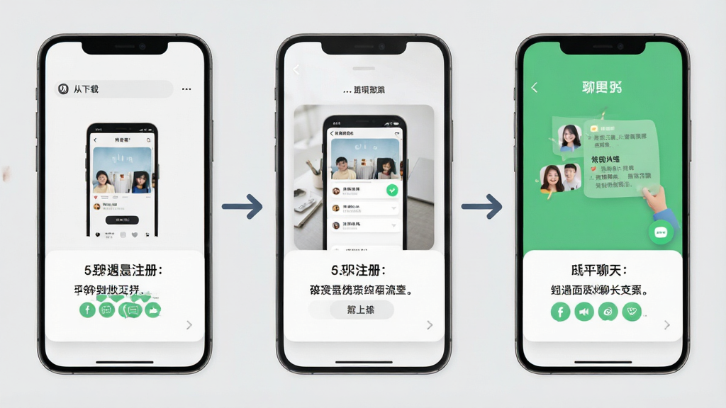 附近咪遇使用教程步骤图,展示从下载到注册到聊天界面的完整流程,用箭头串联,背景为浅灰色,步骤卡片清晰,图文结合,现代简洁风格,画质清晰,干净无多余元素