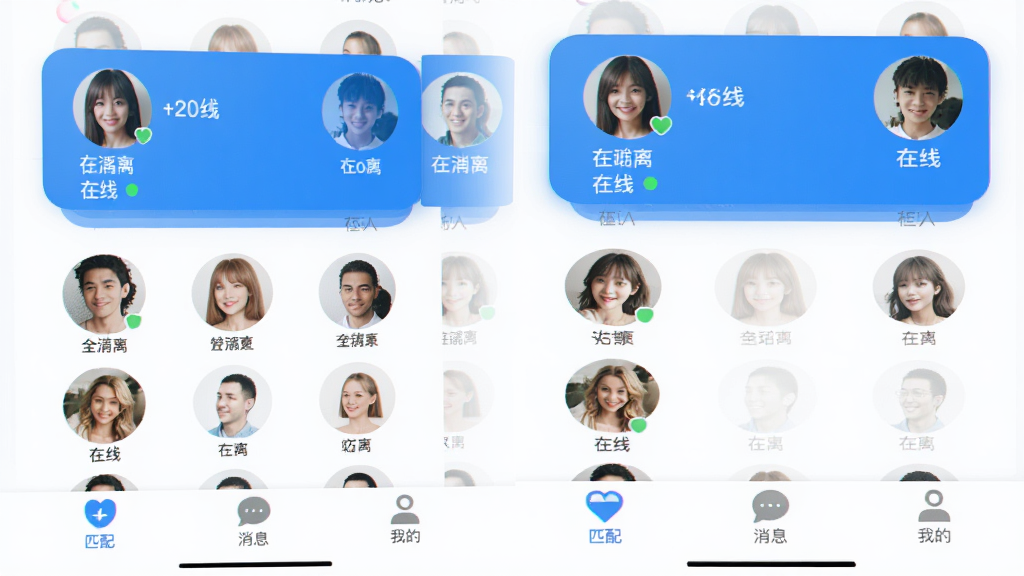 附近咪遇社交软件主界面预览图,展示附近的人列表,头像清晰,距离显示,在线状态,底部导航栏有匹配、消息、我的,整体风格清新活泼,蓝白主色调,卡片式布局,现代扁平化设计,画质高清,干净无多余元素