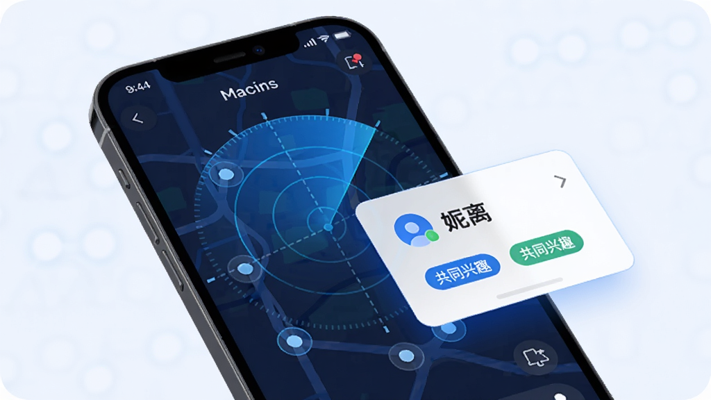 附近咪遇智能匹配功能示意图,手机屏幕显示地图上的用户分布点,有雷达扫描动画效果,匹配成功弹出卡片,显示昵称距离和共同兴趣标签,UI设计清晰,科技感蓝色调,高质量渲染,干净无多余元素