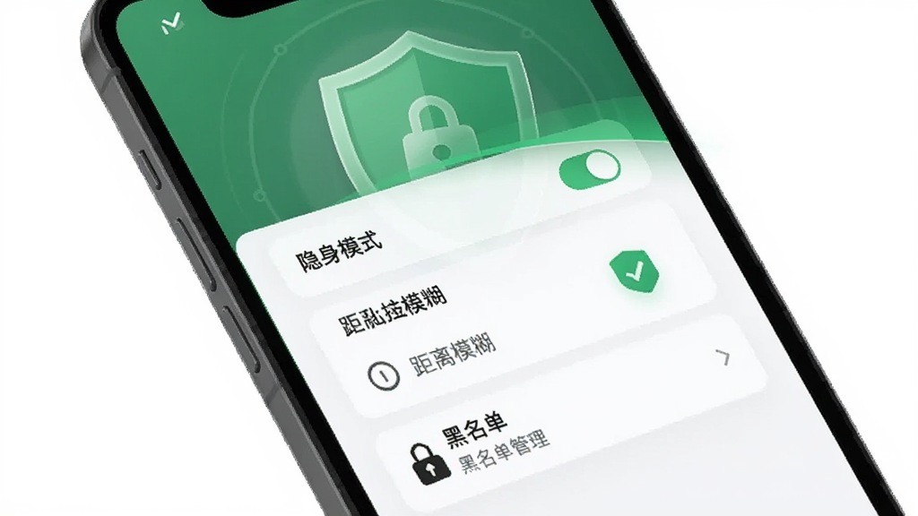 附近咪遇隐私安全设置界面,展示隐身模式开关、距离模糊选项、黑名单管理,背景有盾牌图标,绿色安全色调,界面简洁明了,现代感设计,高清画质,干净无多余元素