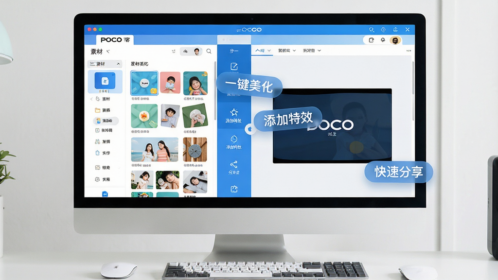 主体:电脑屏幕前展示POCO图客软件的主界面,界面清晰显示功能分区和素材库。布局:左侧为素材列表面板,右侧为编辑预览区,中间是步骤导航条。排版:界面整洁有序,图标与文字标签相结合。风格:现代扁平化设计风格,色彩明快,以蓝白为主色调。细节:界面中悬浮着“一键美化”“添加特效”“快速分享”等半透明功能按钮,屏幕下方有鼠标和键盘。画质:高清,干净,无多余元素,8K分辨率。