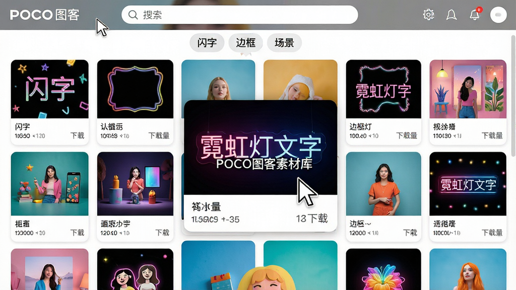 主体:POCO图客软件的素材库界面,以网格形式展示各种图片素材缩略图。布局:界面中央是瀑布流式素材展示区,顶部为搜索栏和分类标签,如“闪字”“边框”“场景”。排版:素材卡片排列整齐,每张卡片下方标注素材名称和下载量。风格:清新活泼的视觉风格,素材预览图色彩丰富。细节:鼠标光标悬停在一张“霓虹灯文字”素材上,素材卡片微微放大并显示“POCO图客素材库”字样。画质:高清晰度,干净整洁,无多余元素。
