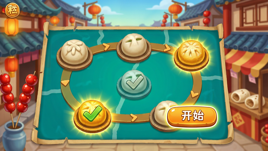 糍粑英语闯关模式界面,画面展示一张游戏地图,每个关卡节点用糍粑形状的图标表示,已通关的关卡呈金黄色并打上对勾,当前关卡高亮并有“开始”按钮,地图背景为传统中国风街道,远处有糖葫芦、糍粑摊等元素,色彩丰富,布局活泼,画质干净,无多余元素