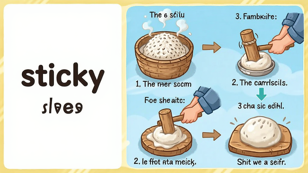 糍粑英语单词学习页面,左侧显示单词“sticky”及音标,右侧配有一幅卡通风格的糍粑制作流程图,从蒸糯米到捶打糍粑,每一步均附带英文短句标注,画面色彩明亮,布局清晰,文字部分显示“sticky”与例句,画质细腻,无多余元素