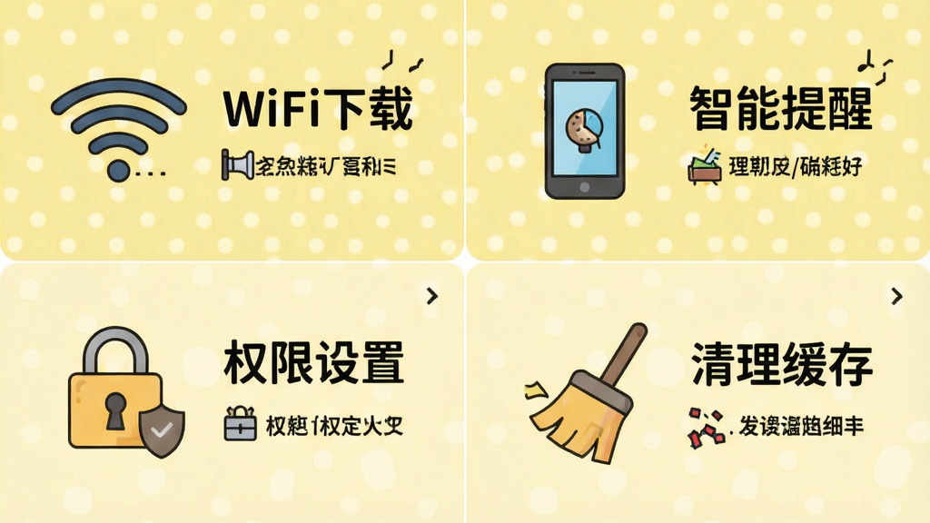 糍粑英语使用小贴士示意图,画面分为四个板块,分别显示“WiFi下载”、“智能提醒”、“权限设置”、“清理缓存”,采用简洁的扁平化插画风格,每个板块配有一个图标和一句简短说明,背景为淡黄色,整体布局整齐,画质干净,无多余元素
