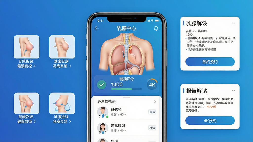 一张展示“乳腺中心”软件界面的高清宣传图,主体为智能手机屏幕内显示乳腺健康自测与医生问诊界面,布局采用上下结构,上方为女性胸部解剖示意图与健康评分,下方为医生列表与预约按钮,排版简洁现代,风格为医疗健康类APP常见蓝色渐变背景,细节包含乳房自检步骤图标与报告解读卡片,画质4K干净无多余元素