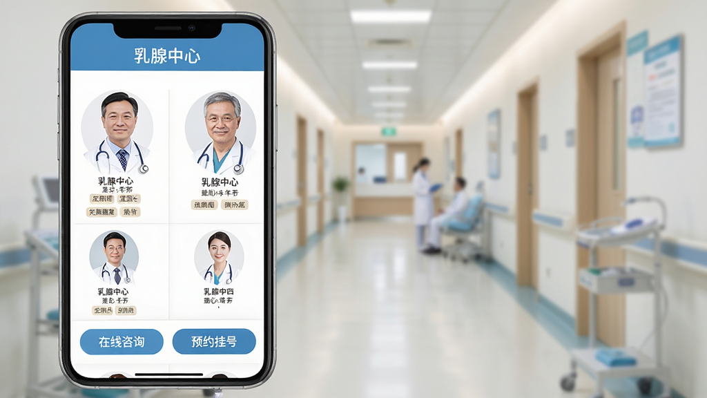 展示“乳腺中心”应用内医生团队列表页,屏幕中显示多位穿白大褂的医生头像与职称,下方有“在线咨询”与“预约挂号”按钮,背景为医院走廊虚化,布局以列表形式呈现,排版规整,风格写实,细节突出医生姓名与擅长标签,画质干净无多余元素