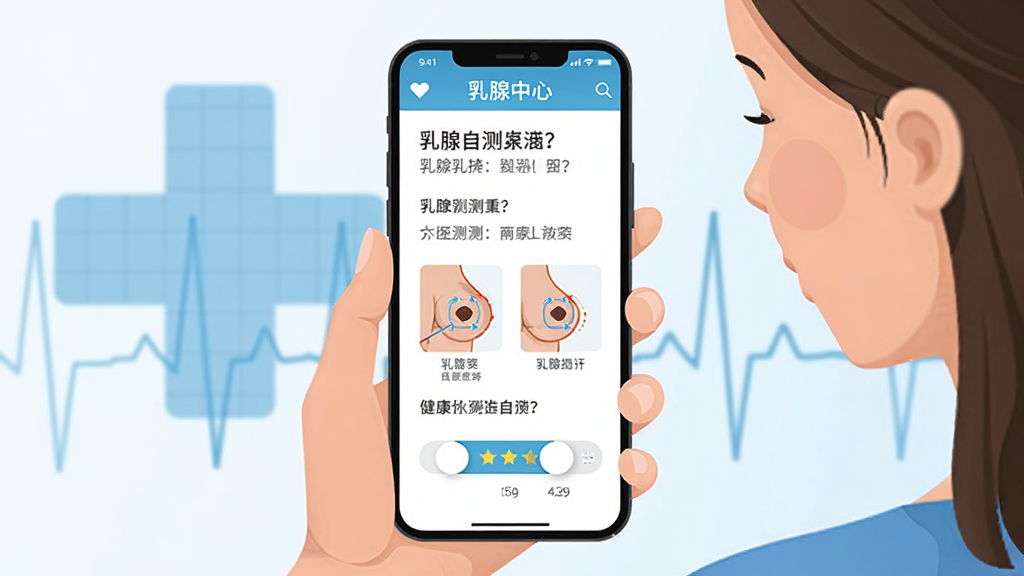 高清数字插画,前景为一位女性使用手机上的“乳腺中心”应用进行乳腺自测,界面显示自测问题与滑动评分条,背景为淡蓝色医疗十字与心电图线条,布局采用居中构图,排版清晰,风格为扁平化医疗插画,细节突出乳房自测步骤图标与健康提示文字,画质干净无多余元素