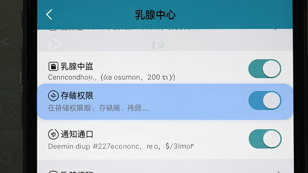 手机截图展示“乳腺中心”设置页面中的权限管理选项,高亮显示存储权限和通知权限,背景为手机系统设置界面,布局为上下滑动列表,排版清晰,风格写实,细节包含权限开关与说明文字,画质干净无多余元素