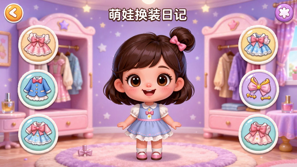 ���޻�װ�ռ���Ϸ������Ԥ��ͼ����������վ��һλ�ɰ���ͨСŮ������Χ���ƶ����װ����ͼ�꣬����Ϊ����ɫ�λø����ң����沼����������ɫ����Q�ȣ�ɫ��������ޣ���ϷUI���ͨ������ϸ���ʣ��ɾ��޶���Ԫ�ء�