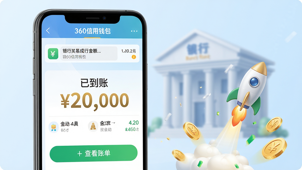 ���壺360����Ǯ���ſ�ɹ����棬�ֻ���Ļ����ʾ���ѵ��ˡ�״̬�����ж���֪ͨ��ʽ�����֣��ֻ�����ƫ����Ļ��չʾ���׼�¼�����䶯���Ҳ��л������ͼ��ͽ����Ч��Ԣ���ʽ���ٵ��ˡ��Ű棺���湹ͼ���Ϸ�ΪӦ�����������м�Ϊ���˽�����֡�20,000�����·�Ϊ���鿴�˵�����ť�����дʵ��UI��ϣ�ǳ����������ɫ����ɫ��׺��ͻ���ٶ��밲ȫ��ϸ�ڣ��������ֲ��ô�Ŵ��壬������ģ�������д�������������ɾ����࣬���ʸ��塣