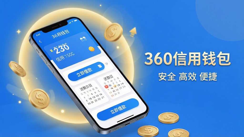 ���壺360����Ǯ��APP�����������ֻ�����ǮԪ�ؽ�ϣ����Ӿ�ͻ�������ý��롰���ٵ��ˡ������֣��ֻ���Ļ��ʾӦ�������棬�������չʾ����ť������������ģ�飬����������͵Ľ�ɫԲ�ι��Σ������Ƹ������Ρ��Ű棺���й�ͼ���ֻ�б45�ȷ��ã��Ҳ��С�360����Ǯ��������������ȫ ��Ч ��ݡ�����ײ��м���Ǯ��ɢ�䣬���ֽ�����������дʵ3D��Ⱦ��ϱ�ƽ��UI��ɫ��������������Ϊ��ɫ������ɫ��׺��ϸ�ڣ���Ļ����Ϣ�����ɶ�����ť���С����������֣���Чϸ�壬����ɾ��޶���Ԫ�أ����ʸ��塣