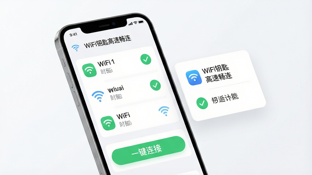 ���壺WiFiԿ�׸��ٳ���Ӧ�ý���չʾ���ֻ���Ļ������ʾ����WiFi�б����ź�����ͼ��͡�һ�����ӡ���ť�����֣��ֻ�λ�ڻ�������ƫ���Ҳ���������˵��С��Ƭ���Ű棺���ɾ������η���������ִ���ƽ��UI��ƣ�����ͨ͸��ϸ�ڣ�WiFi�źŲ��ơ���ɫ���ӳɹ���ʶ�����֡�WiFiԿ�׸��ٳ�������ΪӦ������չʾ�����ʣ�������Ⱦ���ɾ��޶���Ԫ��