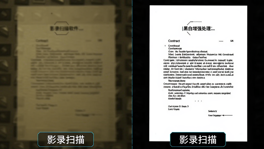 影录扫描软件图像增强功能对比效果图,左侧为暗黄模糊的原始拍摄照片,右侧为经过黑白增强处理后的高对比文档,主体为同一张合同页面,布局左右分栏,风格科技感,细节标注“影录扫描”处理前后字样,画质细腻干净,无多余元素