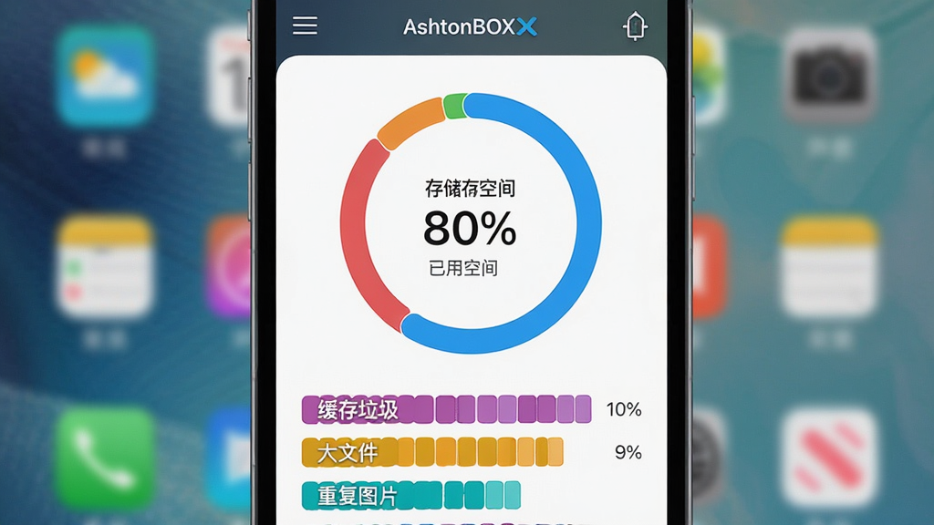 写实风格手机应用界面截图预览图,中心展示AshtonBOX的存储分析仪表盘,以环形百分比图显示已用空间,下方彩色条形图例标注“缓存垃圾”、“大文件”、“重复图片”等分类,背景为虚化的手机桌面,布局清晰,数据可视化风格,细节精确,色彩鲜艳,画质干净,无多余元素
