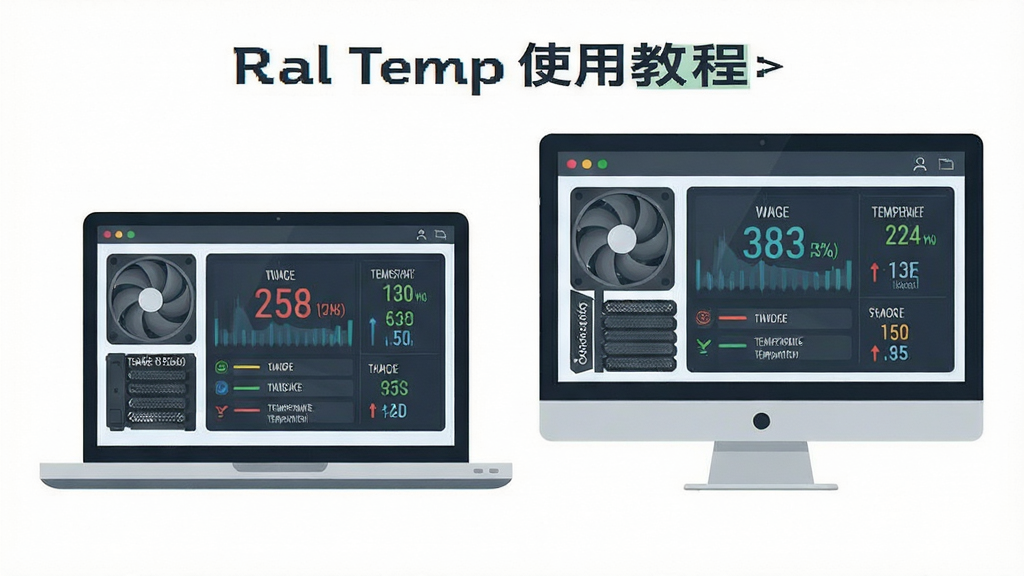 Real Temp 使用教程示意图,主体为笔记本电脑和台式机并排摆放,布局左右对称,屏幕中显示温度监控界面,排版直观,风格现代扁平插画,细节突出散热风扇与温度数据,画质干净整洁,无多余元素