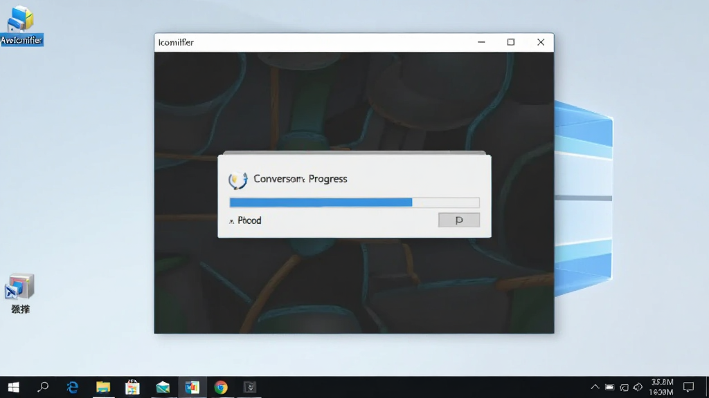 展示 AveIconifier 运行时的桌面截图,Windows 系统任务栏中软件图标高亮,软件窗口显示转换进度条,背景为干净的桌面壁纸,画质清晰,无多余元素