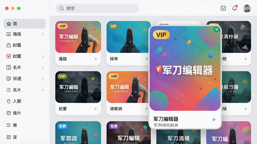 ���壺�����༭����ģ�����棬չʾ���׾�����ģ������ͼ�����֣��ٲ���ʽģ��չʾ�����Ϊ�����б������������桢��Ƭ�ȣ�������Ϊ���������Ű棺ÿ��ģ�忨Ƭ��ʾԤ��ͼ�����ƣ����Ͻ��С�VIP������ѡ���ǩ��������¶�ʣ�������ǳ��Ϊ�ף���ƬԲ�ǻ����Ӿ����ʡ�ϸ�ڣ�����һ�ź���ģ�屻�Ŵ�Ԥ������ʾ���֡������༭����Logo�������н��������ͼ���ͼ�Ρ����ʣ�������Ⱦ��ɫ�ʱ������ɾ��޶���Ԫ�ء�