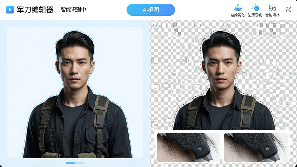 ���壺�����༭�������ܿ�ͼ���棬չʾһ���ٳ��������뱳������Ч�������֣����Ϊԭͼ���Ҳ�Ϊ�������͸������ͼ�������С�AI��ͼ�����ܰ�ť���ײ�չʾ��˿ϸ�ڷŴ�Աȡ��Ű棺���Ĺ�������ͻ���������༭����Ʒ�����ƣ�����ʾ������ʾ������ʶ���С�����������Ƽ��У������԰�ɫ��ǳ��Ϊ��������ͼƬ������ϸ�ڣ������Ե��ϸС���߱�ʾѡ��״̬������Ϊ����͸���ף��Ա��С���Ե�𻯡������������ѡ��ͼ�ꡣ���ʣ�8K���壬ϸ�ڱ��棬�ɾ��޶���Ԫ�ء�