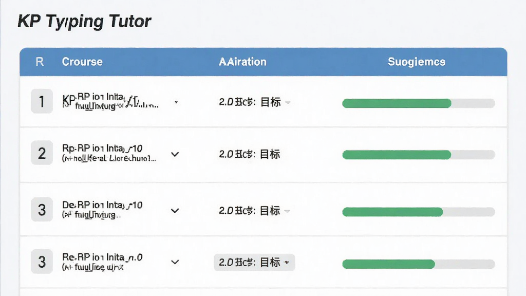 KP Typing Tutor分阶段课程列表界面,主体为课程目录表格,布局从上到下排列,排版整齐,风格清爽,细节显示每个课程的目标与进度条,画质干净,无多余元素