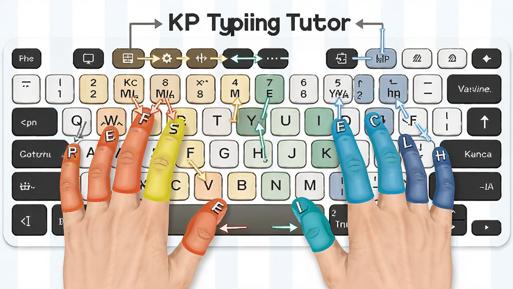 KP Typing Tutor指法引导功能展示,主体为键盘俯视图,左右手手指区域用不同颜色区分,布局居中,排版有指示箭头,风格教学化,细节标注手指名称,画质清晰干净,无多余元素