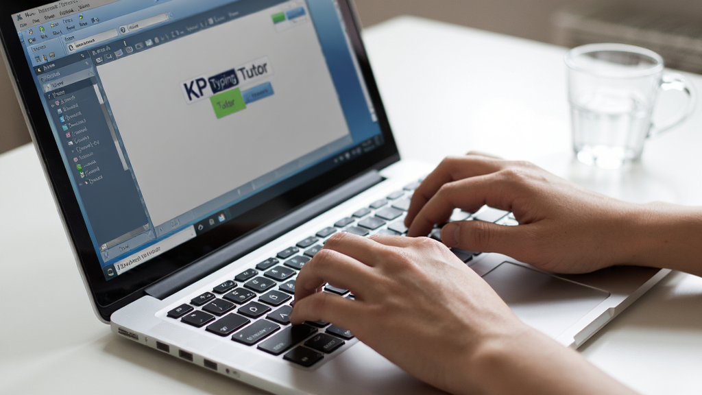 KP Typing Tutor在笔记本电脑上练习的场景,主体为笔记本电脑键盘与双手,布局侧面视角,排版自然,风格写实,细节屏幕显示软件界面,画质清晰,无多余元素