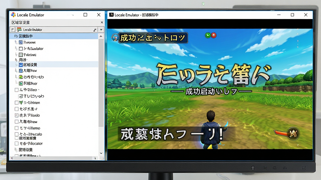 主体:电脑屏幕显示“Locale Emulator”软件在运行,左侧是区域设置列表,右侧是成功启动的日文游戏画面,无乱码。布局:分屏式布局,左窄右宽。排版:列表清晰,游戏画面色彩鲜艳。风格:写实风格,强调功能效果。细节:软件窗口标题栏显示“Locale Emulator - 区域模拟中”,游戏内文字清晰可读。画质:高分辨率,干净,无多余元素。