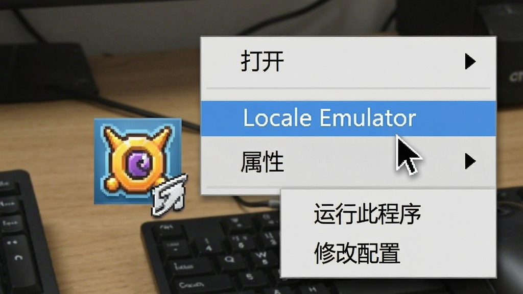 主体:电脑桌面上,用户右键点击一个游戏图标,弹出菜单中高亮显示“Locale Emulator”选项。布局:特写镜头,聚焦右键菜单。排版:菜单从上到下依次为“打开”、“Locale Emulator”、“属性”。风格:真实场景截图风格。细节:鼠标指针指向“Locale Emulator”子菜单,子菜单显示“运行此程序”和“修改配置”。画质:清晰,干净,无多余元素。