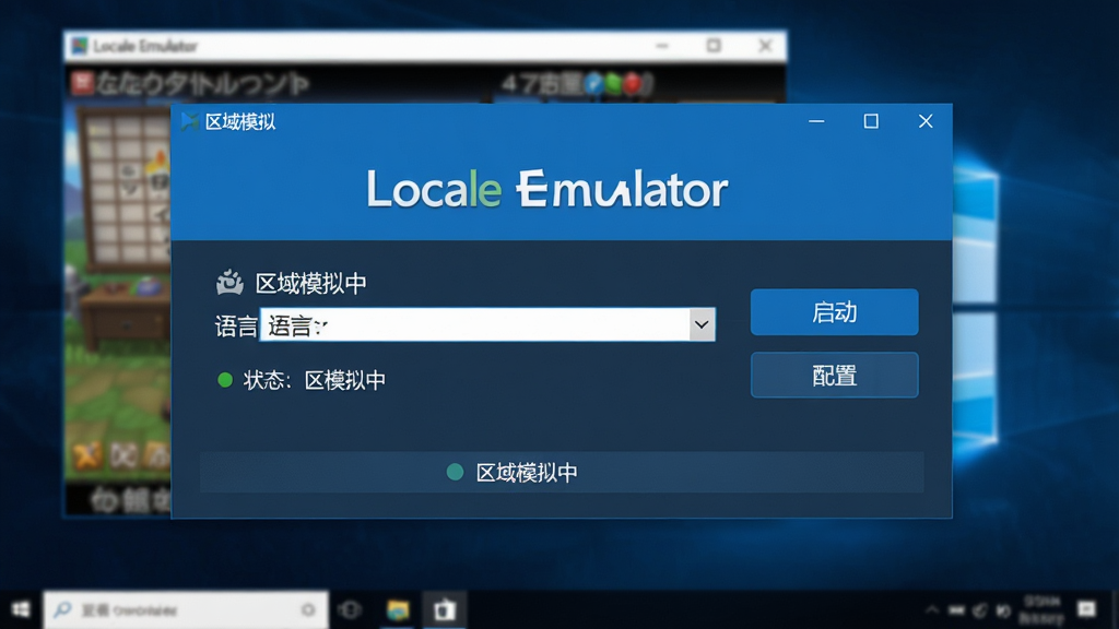 主体:Locale Emulator软件主界面,显示“区域模拟”功能面板,背景为现代Windows桌面布局。布局:界面中央有醒目的“Locale Emulator”标识和语言选择下拉框,右侧有“启动”和“配置”按钮。排版:简洁的横向排列,突出功能按钮。风格:科技感,扁平化设计,蓝色主调。细节:界面文字清晰,包括“区域模拟中”状态提示,桌面背景有模糊的日文游戏窗口。画质:高清,干净,无多余元素。