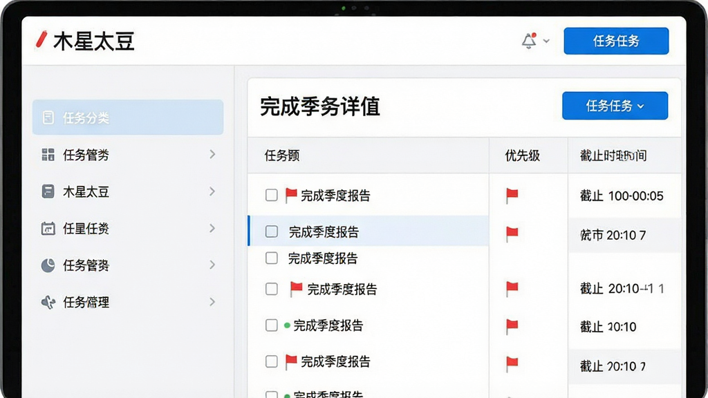 一张“木星太豆”任务管理功能的界面预览图,左侧为任务分类列表,右侧为任务详情面板,显示任务标题“完成季度报告”,下方有子任务清单,并标注了优先级红色旗帜和截止时间。界面采用分栏布局,配色以白色和浅灰为主,强调蓝色按钮,风格简洁专业,画质清晰,无多余元素