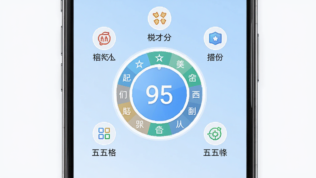 �������������Դ�����ֽ��ҳ�棬��Ļ������ʾһ��Բ�η������̣�����Ϊ95�֣����ֲܷ������С����š�����Сͼ�꣬ÿ��ͼ���·��м������˵����������ǳ��ɫ����ɫ���������������ֻ�����չʾ������ϸ�壬�޶���Ԫ��