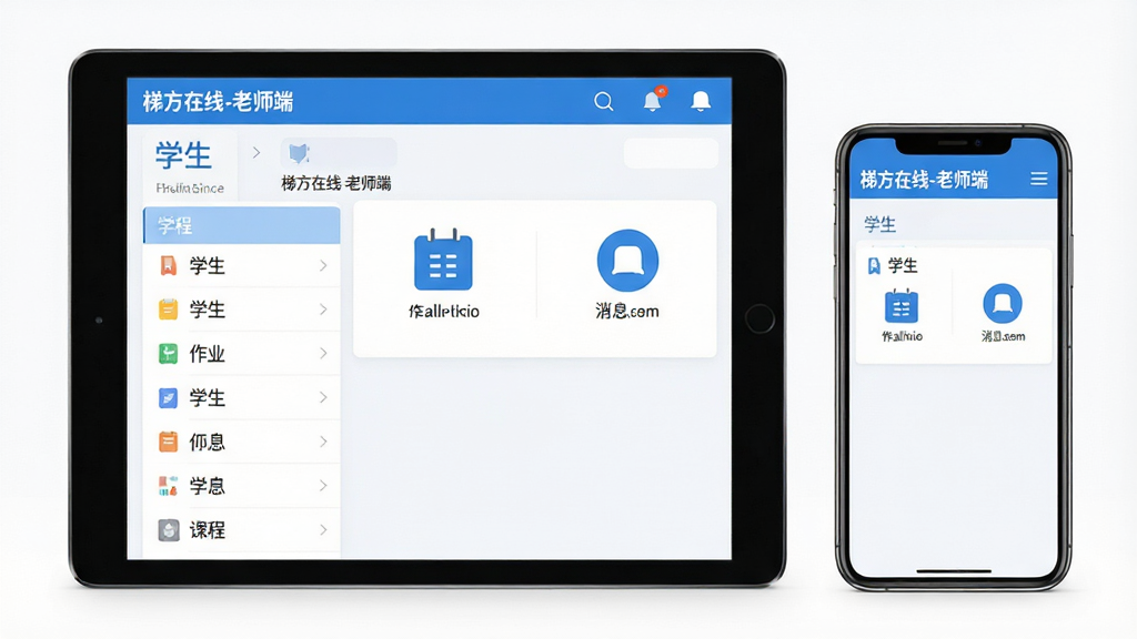 一张展示梯方在线-老师端核心界面的高清预览图,主体为平板电脑和手机并排展示,屏幕中清晰显示带有“梯方在线-老师端”字样的课程管理界面,包含学生列表、作业图标和消息通知图标,布局简洁,采用蓝白主色调,扁平化设计风格,画面干净明亮,细节丰富,画质高清,无多余元素