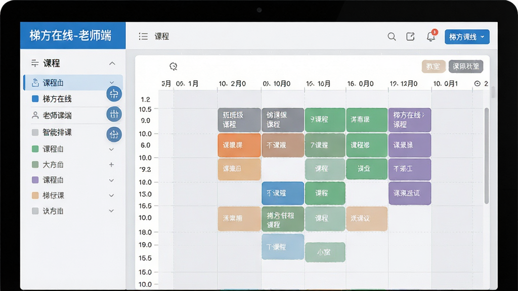 一张梯方在线-老师端智能排课功能的界面截图,主体为电脑屏幕显示周课表视图,不同颜色块代表不同班级和课程,左侧有课程列表和拖拽图标,上方有“梯方在线-老师端”字样,布局清晰,蓝色与浅灰色搭配,现代简约风格,细节包括时间轴和教室标签,画质干净,高分辨率,无多余元素