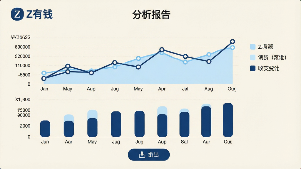 ���壺Z��Ǯ����ҳ�棬��Ļ��ʾ����ͼ����״ͼ��ϣ�չʾ�������µ���֧�仯�����֣�����ͼ���ϣ���״ͼ���£��Ҳ���ͼ��˵�����Ű棺ͼ�������ע�·ݣ������ע�������С�Z��Ǯ��Logo�����������桱���⣻�������������ɫΪ������ǳ���������װף�ϸ�ڣ����ݵ���Բ���ǣ���״ͼ��Բ�ǣ��ײ��е�����ťͼ�ꣻ���ʣ������������ɾ��޶���Ԫ��