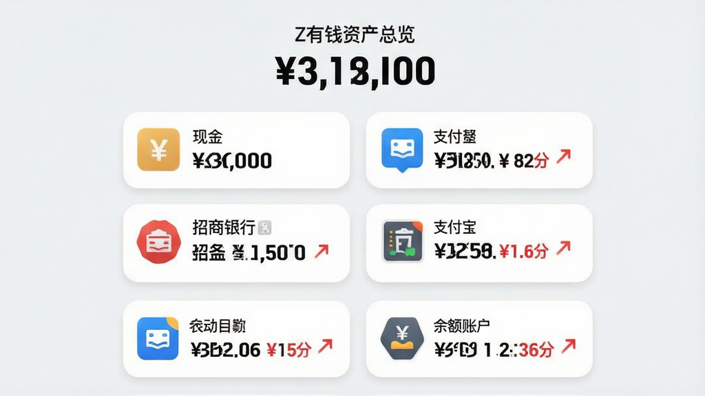 ���壺Z��Ǯ�ʲ�����ҳ�棬�Ϸ���ʾ���ʲ����֣��·�Ϊ���˻���Ƭ�б������֣����ʲ�����λ�ڶ������У��˻���Ƭ��ֱ���У�ÿ�ſ�Ƭ��ʾ�˻����ƺ����Ű棺��Ƭ���С��ֽ� 3,000�������������� 12,500������֧���� 860������������񣺼�Լ����磬��ƬΪ��ɫ������ǳ�ң�Բ����ƣ�ϸ�ڣ�ÿ���˻�ͼ�겻ͬ����������Ӵ֣����仯�к�ɫ���ϼ�ͷ�����ʣ����ʸУ��ɾ��޶���Ԫ��