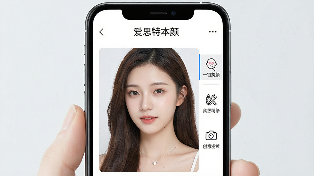一张智能手机屏幕显示爱思特本颜主界面,界面布局简洁,顶部有“爱思特本颜”品牌字样,中间展示一位年轻女性的人像预览图,侧边栏有“一键美颜”“高级精修”“创意滤镜”等图标按钮,整体风格明亮清爽,UI设计现代,高画质,干净无多余元素