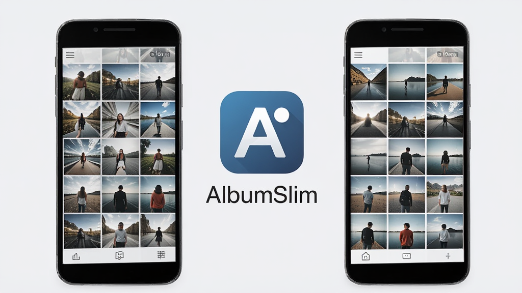 AlbumSlim是一款极简风格的安卓相册管理工具,界面干净明亮,主视觉展示手机相册中杂乱无章的照片经过AlbumSlim整理后变得井井有条,前后对比鲜明。画面中央是AlbumSlim的图标和名称,背景为浅灰色,突出工具的专业感,排版简洁,风格现代,细节丰富,画质干净无多余元素