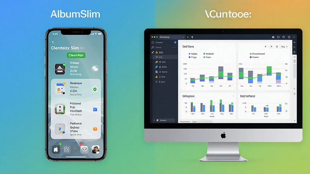 AlbumSlim在手机和电脑模拟器上运行的对比图,左侧是手机界面,展示清理功能,右侧是电脑模拟器界面,展示存储分析图表,背景为渐变色,风格现代,画质清晰干净