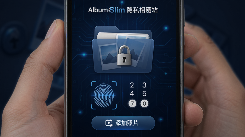 AlbumSlim隐私相册功能界面,显示一个带锁的相册文件夹,背景为深蓝色科技感风格,有指纹解锁和数字密码输入提示,界面底部有“添加照片”按钮,整个界面强调安全感和私密性,风格稳重,细节丰富,画质清晰