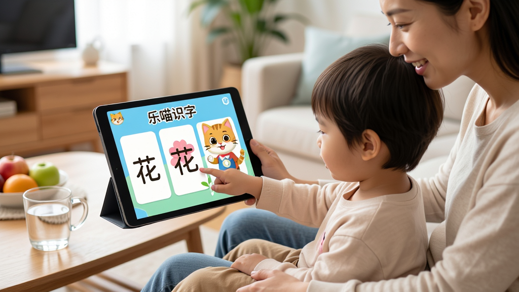 ���壺�ҳ��ͺ���һ��ʹ���ֻ���ƽ��ѧϰ����ʶ�֣���Ļ���к��ֿ�Ƭ��è����ʦ�����֣��������ڼҳ����ϣ�����һ������Ļ�������������Ŀ������Ű棺������ܰ���豸��Ļ����ͷ����ʾ������ʶ�֡����档���дʵ������Ƭ��񣬹�����ͣ�ɫ����Ȼ��ϸ�ڣ�������ָ������Ļ�ϵġ������֣��ҳ�΢Ц�Ź������輸�Ϸ���ˮ����ˮ�������ʣ����壬�ɾ����޶���Ԫ�ء�