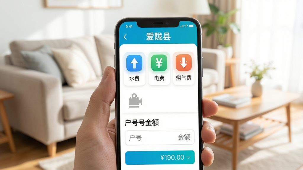 ��д����¤�ء�APP������ɷѹ��ܽ��棬�ֻ���Ļ��ʾ�ɷ���Ŀ�б�������ˮ�ѡ���ѡ�ȼ����ͼ�꣬�·�Ϊ���뻧�ż��ɷѽ���ҳ�档�ֻ���һֻ�����ţ��������������ִ�������ɳ����輸�������֡�����ͻ���ƶ�֧���ı���ԣ�ɫ�����죬��Ӱ��ͣ�����ͨ͸���޶���Ԫ�ء�