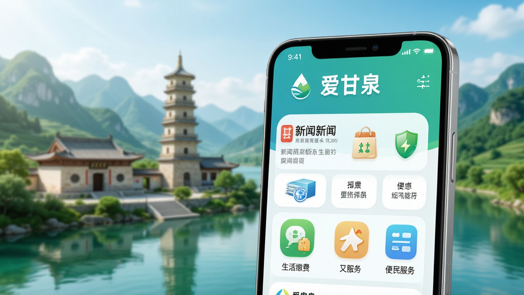 高清数字渲染风格,前景是一部亮屏的智能手机,屏幕显示“爱甘泉”APP主界面,界面包含新闻资讯、生活缴费、便民服务等图标,背景是甘泉县地标建筑与绿水青山的融合景象,整体色调清新明亮,突显智慧城市与便捷生活主题,画面干净无多余元素,画质细腻。