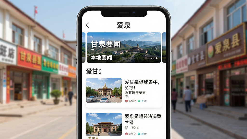 手机屏幕展示“爱甘泉”新闻资讯列表,配有图文卡片,顶部为本地要闻轮播图,背景是甘泉县街道实景照片,画面干净明亮,文字清晰,突出信息获取的高效与便捷,画质细腻。